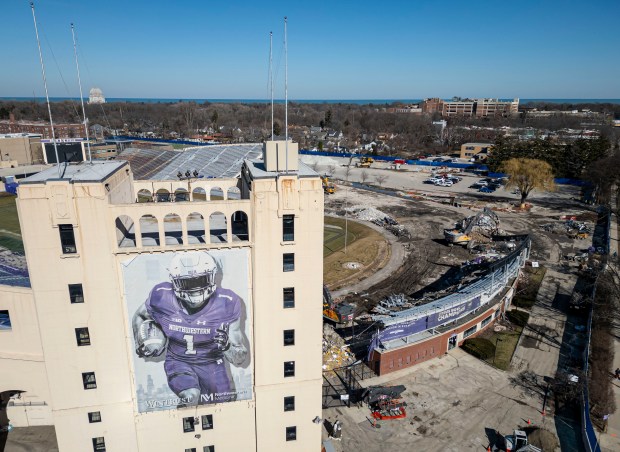 Demolition work continues on Ryan Field at Northwestern University in Evanston on Thursday, Feb. 29, 2024. (Brian Cassella/Chicago Tribune)