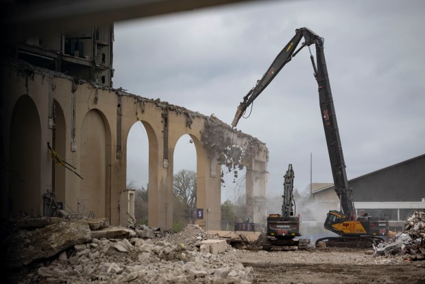The final sections of Ryan Field at Northwestern University are demolished Wednesday, April 17, 2024, in Evanston. (Brian Cassella/Chicago Tribune)