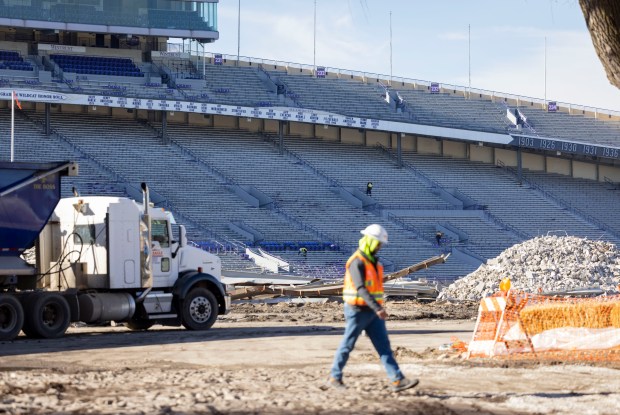 Demolition work continues on Ryan Field at Northwestern University in Evanston on Thursday, Feb. 29, 2024. (Brian Cassella/Chicago Tribune)