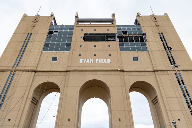 The final sections of Ryan Field at Northwestern University are demolished Wednesday, April 17, 2024, in Evanston. (Brian Cassella/Chicago Tribune)