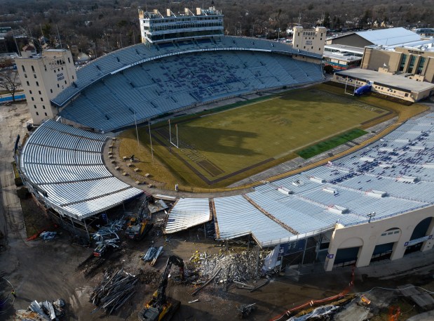 Demolition begins on Northwestern University's Ryan Field, on the border of Evanston and Wilmette, Friday, Feb. 16, 2024. (E. Jason Wambsgans/Chicago Tribune)