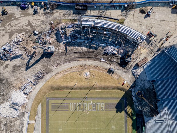 Demolition work continues on Ryan Field at Northwestern University in Evanston on Thursday, Feb. 29, 2024. (Brian Cassella/Chicago Tribune)