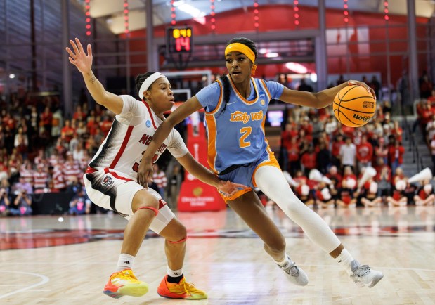 Tennessee's Rickea Jackson drives against North Carolina State's Zoe Brooks during the second half of a second-round game in the NCAA Tournament on March 25, 2024. (AP Photo/Ben McKeown)