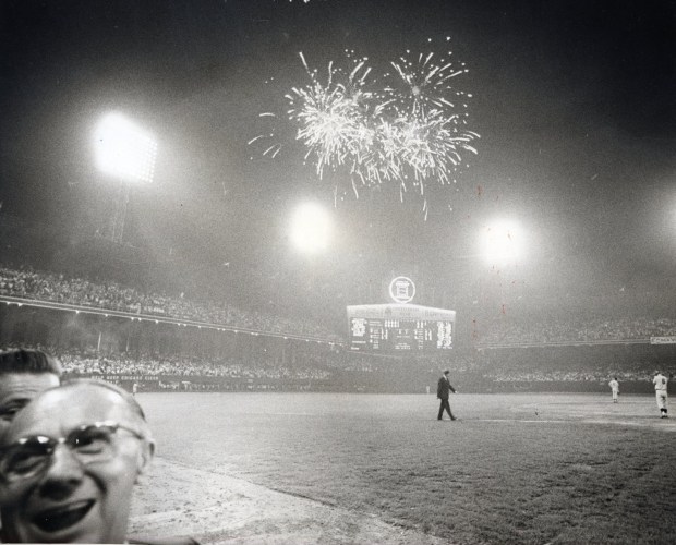 The White Sox scoreboard lights up with fireworks at Comiskey Park following a solo home run by Luis Aparicio in the 5th inning against the Yankees on Sept. 12, 1961. (UPI)