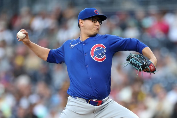 Javier Assad #72 of the Chicago Cubs pitches during the first inning of a game against the San Diego Padres at Petco Park on April 08, 2024 in San Diego, California. (Photo by Sean M. Haffey/Getty Images)