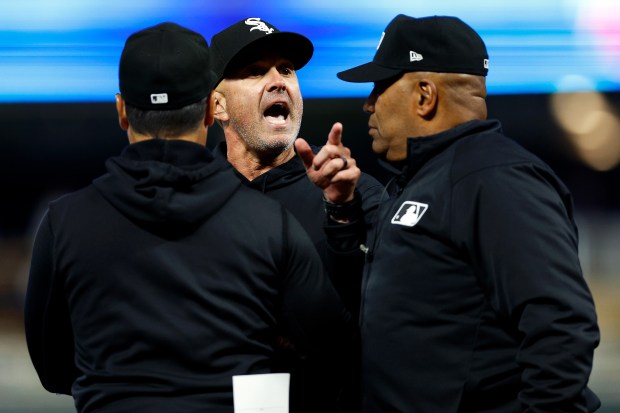 Pedro Grifol #5 of the Chicago White Sox argues with umpire Mike Estabrook #83 in the eighth inning of the game against the Minnesota Twins at Target Field. Grifol was ejected from the game on April 22, 2024 in Minneapolis, Minnesota. The Twins defeated the White Sox 7-0. (Photo by David Berding/Getty Images)