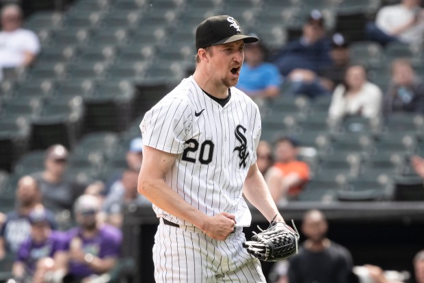 Erick Fedde #20 of the Chicago White Sox celebrates after an out in the eighth inning against the Tampa Bay Rays at Guaranteed Rate Field on April 28, 2024 in Chicago, Illinois. (Photo by Griffin Quinn/Getty Images)