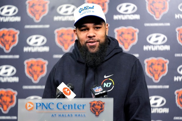 Bears wide receiver Keenan Allen speaks at a news conference at Halas Hall on March 16, 2024, in Lake Forest (AP Photo/Nam Y. Huh)