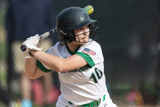 Oak Lawn's Kaitlyn Berkery (10) gets ready to swing in an at-bat against Reavis during a South Suburban Red game in Oak Lawn on Monday, May 15, 2023.