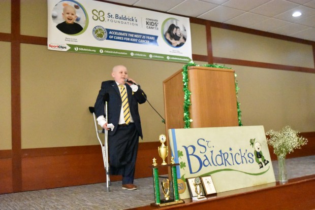 Stephen Foltin, a longtime fundraiser for the St. Baldrick's Foundation, which raises funds for childhood cancer research, was himself diagnosed with bone cancer last fall. In addition to raising money again, Foltin was honored at the April 5, 2024 fundraiser hosted by the Franklin Park Fire Department at North Park in Franklin Park. (Jesse Wright/Pioneer Press)