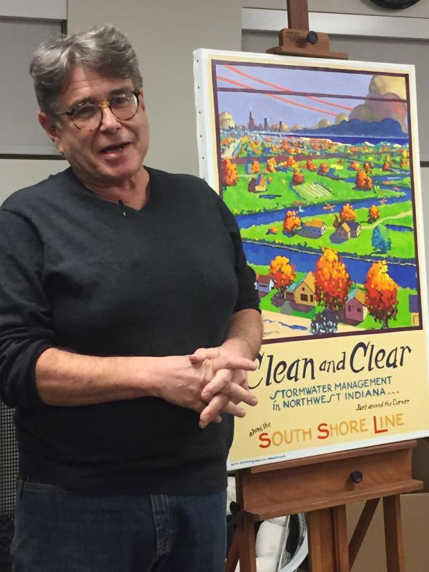 Artist Mitch Markovitz talks about his latest poster in the South Shore Line series, which is titled "Clean and Clear" and depicts the positive effects of stormwater management. The poster was unveiled in 2017 at Merrillville Stormwater Utility. (Karen Caffarini/for Post-Tribune)