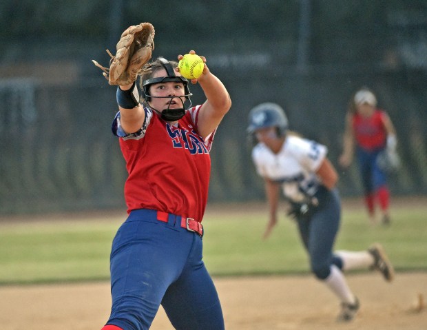 South Elgin's Anna Kiel delivers a pitch in relief against Lake Park during the Class 4A St. Charles North Sectional semifinals on Wednesday, May 31, 2023.