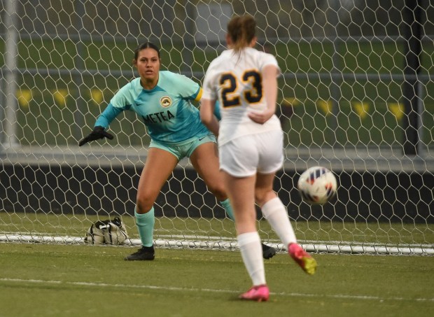 Neuqua Valley's Haley Linden (23) tries to get a shot past Metea Valley's Alyssa Gluting (1) during a DuPage Valley Conference game Thursday, April 11, 2024 in Aurora, IL. (Steve Johnston/Naperville Sun)