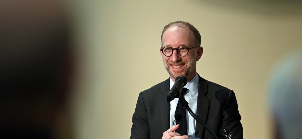 Yannick Tagand, consul general of France in Chicago addresses the audience on April 5, 2024 in Northbrook at Brookdale Senior Living Solutions (4501 Concord Lane). (Karie Angell Luc/for the Pioneer Press)