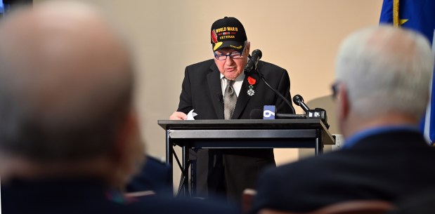 World War II veteran Emil G. Hirsch, 98, of Northbrook, has been awarded France's highest distinction, the French Legion of Honor, on April 5, 2024 in Northbrook at Brookdale Senior Living Solutions (4501 Concord Lane). (Karie Angell Luc/for the Pioneer Press)