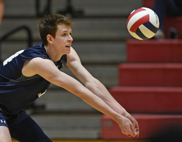 New Trier's David Wolff (14) during the 2nd game of Wednesday's match at Barrington, March 20, 2024. New Trier won the match, 25-19, 25-19. (Brian O'Mahoney for the Pioneer Press)
