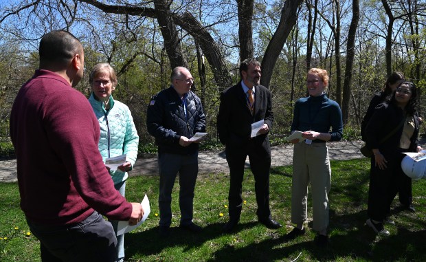 Attendees gather at the Evanston Ecology Center groundbreaking ceremony on Friday, April 19, 2024 in Evanston at 2024 McCormick Blvd. (Karie Angell Luc/Pioneer Press)