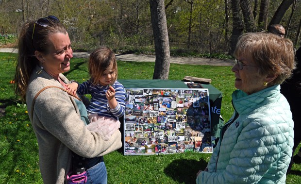 From left, newly elected president of the City of Evanston Parks and Recreation Board, and also secretary of the Evanston Parks Foundation Ellie Shevick and Shevick's daughter Rosie Shevick, 4, are with Evanston 7th ward Councilmember Eleanor Revelle at the Evanston Ecology Center groundbreaking ceremony on Friday, April 19, 2024 in Evanston at 2024 McCormick Blvd. (Karie Angell Luc/Pioneer Press)