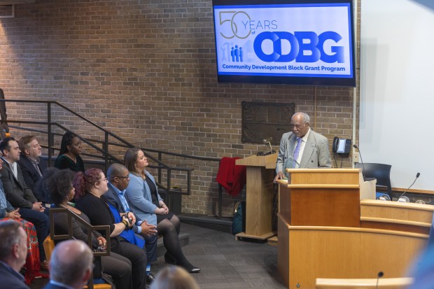 U.S. Rep. Danny Davis speaks during a ceremony to celebrate the 50th anniversary of Oak Park's participation in the Community Development Block Grant (CDBG) at Village Hall on April 4, 2024. (Troy Stolt/for the Pioneer Press)