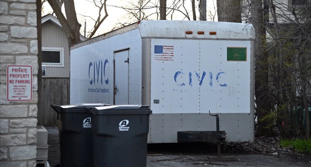 Note the Civic trailer parked and stored on the building exterior side. Photographed on April 6, 2024 at sunset is the Civic building at 2002 Walters Ave. being sold to the Northbrook Chamber of Commerce & Industry. (Karie Angell Luc/for the Pioneer Press)