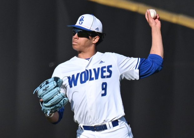 Boone Grove's Davian Carrera fires the ball back from the outfield during a game against Morgan Township on Monday, April 24, 2023. (Kyle Telechan for the Post-Tribune)