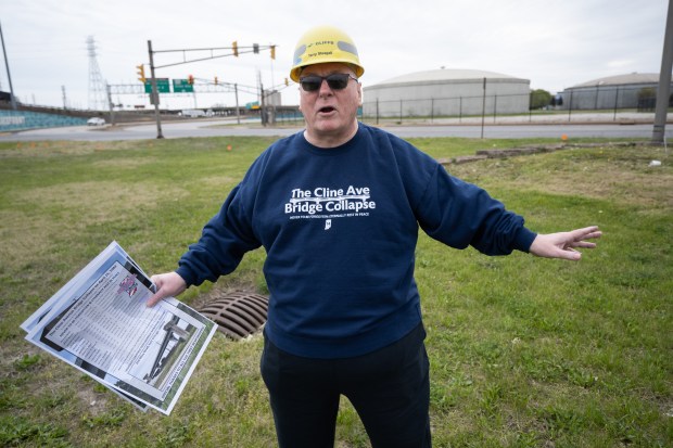 Local labor activist Terry Steagall stands on one of two proposed sites for a memorial to the 14 who died in the Cline Avenue Bridge collapse of April 15, 1982, as well as others lost to construction and labor accidents, in East Chicago on Friday, April 26, 2024. (Kyle Telechan/for the Post-Tribune)