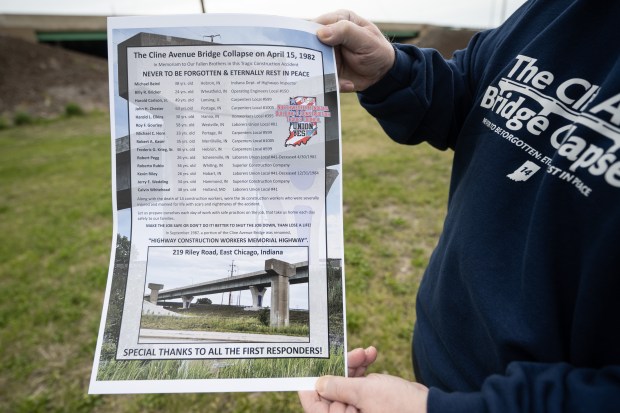 Local labor activist Terry Steagall holds a poster commemorating laborers lost in the April 15, 1982, Cline Avenue Bridge collapse, as he stands on the site of a proposed memorial to the workers in East Chicago on Friday, April 26, 2024. (Kyle Telechan/for the Post-Tribune)