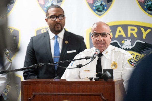 Gary Police Commander Jack Hamady, accompanied by Mayor Eddie Melton, speaks during a news conference at the Gary Police Department on Wednesday, April 3, 2024. (Kyle Telechan/for the Post-Tribune)