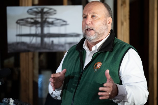 Indiana Dunes National park Deputy Superintendent Chris Pergiel speaks during an event to celebrate the upcoming renovation of the Century of Progress "House of Tomorrow" in Beverly Shores on Thursday, April 11, 2024. (Kyle Telechan/for the Post-Tribune)