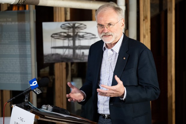 Charles Hasbrouck, director at bKL Architecture, speaks during an event to celebrate the upcoming renovation of the Century of Progress "House of Tomorrow" in Beverly Shores on Thursday, April 11, 2024. (Kyle Telechan/for the Post-Tribune)