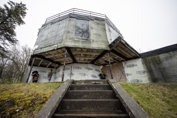 The exterior of the Century of Progress "House of Tomorrow" can be seen as planned renovations to the building are celebrated on Thursday, April 11, 2024. (Kyle Telechan/for the Post-Tribune)