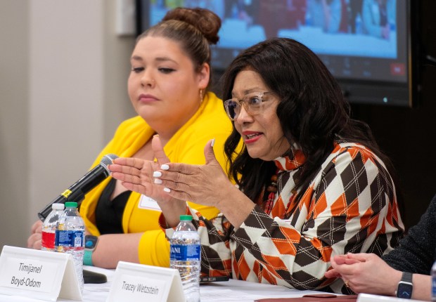 Attorney Timijanel Boyd-Odom, right, speaks during a panel discussion of local lawyers on Law Day, Wednesday, April 3, 2024 at Indiana University Northwest in Gary. At left is attorney Kaitlynn Cicillian. (Michael Gard/for the Post-Tribune)