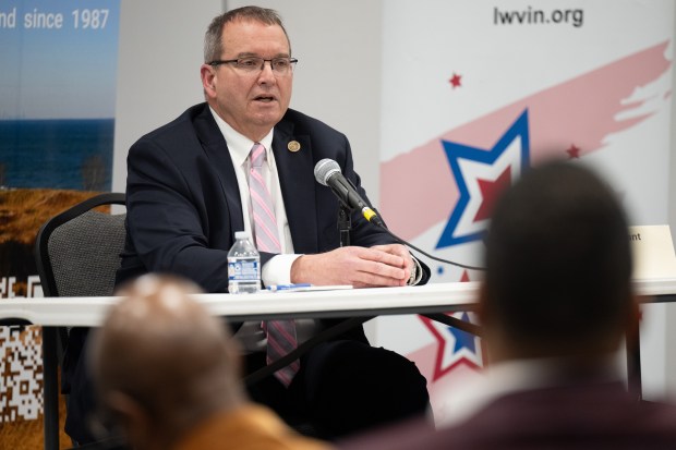 State Senator Dave Vinzant, D-Hobart, speaks during the District 3 House primary debate against Gary City Councilman Mark Spencer on Thursday, April 4, 2024, in Merrillville. (Kyle Telechan/for the Post-Tribune)