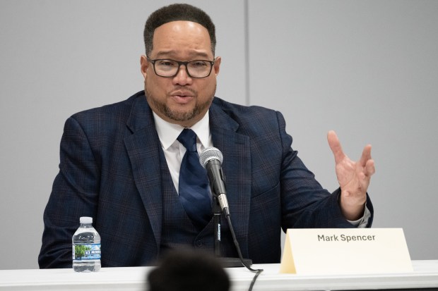 Gary City Councilman Mark Spencer speaks during the District 3 House primary debate against State Senator Dave Vinzant, D-Hobart in Merrillville on Thursday, April 4, 2024. (Kyle Telechan/for the Post-Tribune)