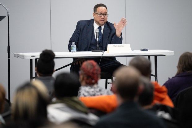 Gary City Councilman Mark Spencer speaks during the District 3 House primary debate against State Senator Dave Vinzant, D-Hobart in Merrillville on Thursday, April 4, 2024. (Kyle Telechan/for the Post-Tribune)