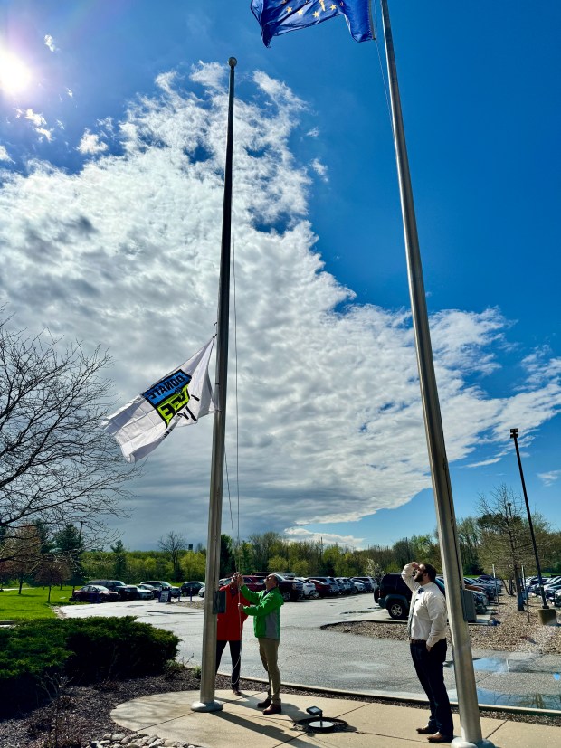 Northwest Health - Porter raises the Donate Life flag Thursday, April 17, 2024, in honor of organ, tissue and cornea transplant donors and their recipients. Three of the donors' families told their stories at the Valparaiso hospital. (Doug Ross/for Post-Tribune)