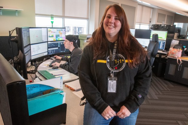 Assistant supervisor and certified training officer Jessie Sandifer at Porter County Central Communications office in Valparaiso, Indiana Friday, April 12, 2024. Sandifer, of Kouts, has worked at the office for six years. (Andy Lavalley for the Post-Tribune)