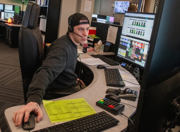 Telecommuncator trainee Billy Gilland works a call during his shift at the Porter County Central Communications office in Valparaiso Friday, April 12, 2024. Gilland, of Kouts, Indiana, has been undergoing training for 6 months. (Andy Lavalley for the Post-Tribune)