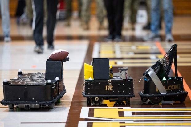 Valparaiso University robots prepare for the snap during a match against Ohio Northern University in the 11th annual Collegiate Robotic Football Conference in Valparaiso on Saturday, April 13, 2024. (Kyle Telechan/for the Post-Tribune)