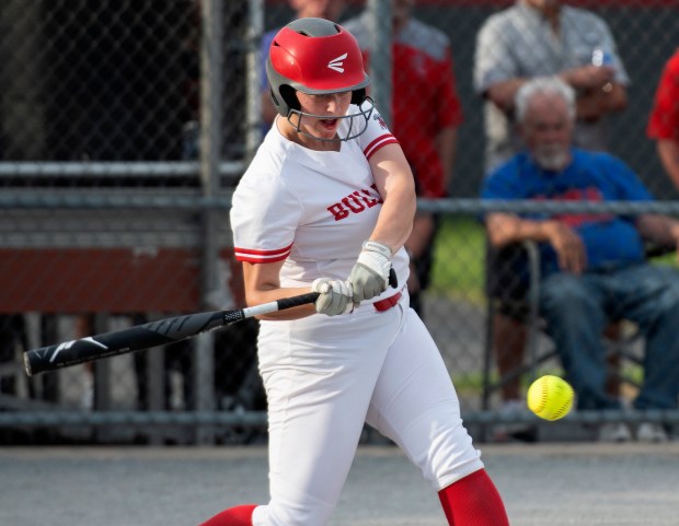 Crown Point's Lexi Howard takes a swing against Lake Central during the Class 4A Crown Point Regional on Tuesday, May 31, 2022. (Michael Gard / Post-Tribune)