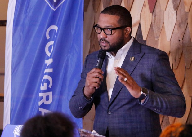 Gary Mayor Eddie Melton addresses the award winners during the 5th Gary STEM Signing Day honoring 10 area students. Boeing and the Chicago Area Business Aviation Association Educational Foundation hosted the event in Gary on April 23, 2024. (John Smierciak/for the Post Tribune)