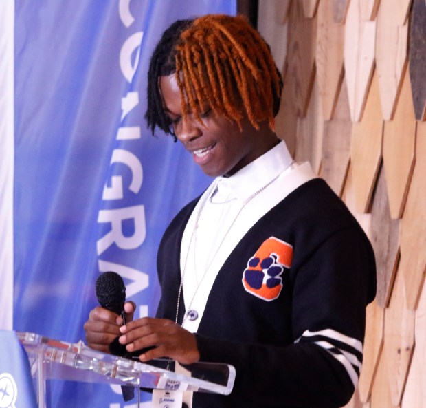 Award winner Antwan Jordan, from West Side Leadership Academy, addresses the audience during the 5th annual Gary STEM Signing Day honoring 10 area students on April 23, 2024. (John Smierciak/Post-Tribune)