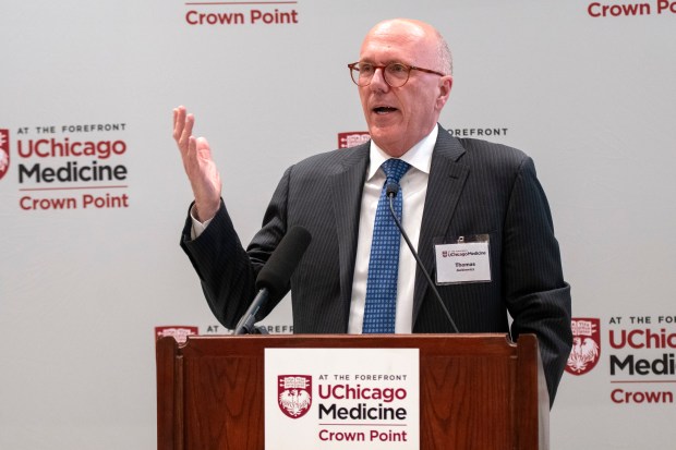 Thomas Jackiewicz, president of the University of Chicago Medicine Health System, speaks at the ribbon cutting for the university's new facility in Crown Point on Thursday, April 25, 2024. (Michael Gard/for the Post-Tribune)