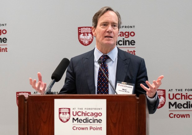 Dr. Mark Anderson, Executive Vice President for Medical Affairs and Dean of the Pritzker School of Medicine, speaks at the ribbon cutting for the university's new medical facility in Crown Point on April 25, 2024. (Michael Gard/for the Post-Tribune)