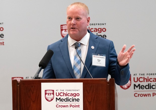 Crown Point mayor Pete Land speaks at the ribbon cutting for the University of Chicago's new medical facility in the city on Thursday, April 25, 2024. (Michael Gard/for the Post-Tribune)