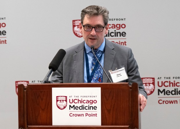 Dr. Blase Polite, University of Chicago Medicine Northwest Indiana physician-in-chief, speaks at the ribbon cutting for the university's new facility in Crown Point on Thursday, April 25, 2024. (Michael Gard/for the Post-Tribune)