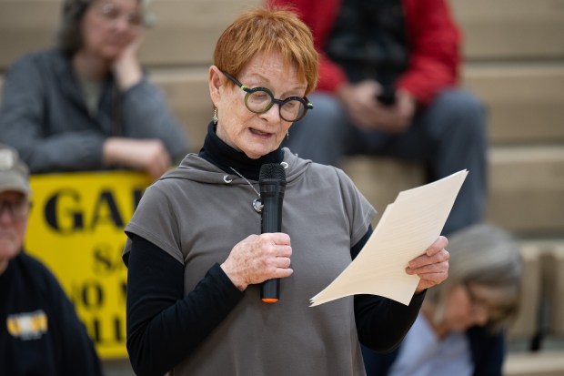 Dorreen Carey, president of Gary Advocates for Responsible Development, addresses IDEM employees during a public hearing on the Gary Works Air Permit renewal on Thursday, April 25, 2024. (Kyle Telechan/for the Post-Tribune)