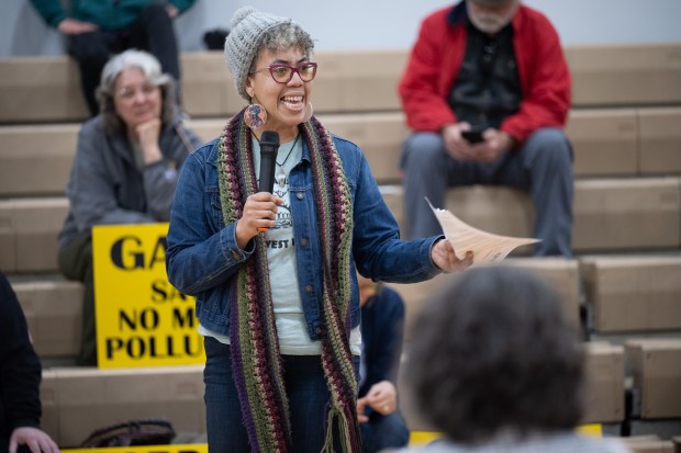 Portage resident Libré Booker addresses IDEM employees during a public hearing on the Gary Works Air Permit renewal on Thursday, April 25, 2024. (Kyle Telechan/for the Post-Tribune)
