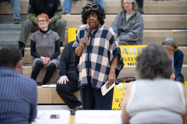 Gary resident Natalie Ammons speaks about concern for her grandchildrens' health during an IDEM public hearing on the Gary Works Air Permit renewal on Thursday, April 25, 2024. (Kyle Telechan/for the Post-Tribune)