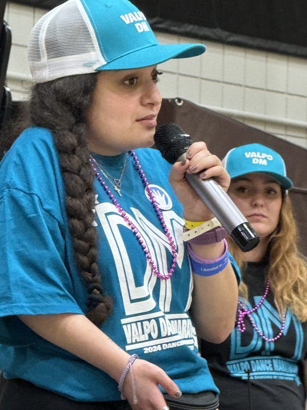 Valparaiso University student Reahlyn Bryce shares her story of how she was a patient at Lurie Children's Hospital in Chicago as she participates in a dance marathon fundraiser on Saturday, April 6, 2024, at Valparaiso University. (Deena Lawley-Dixon/for Post-Tribune)